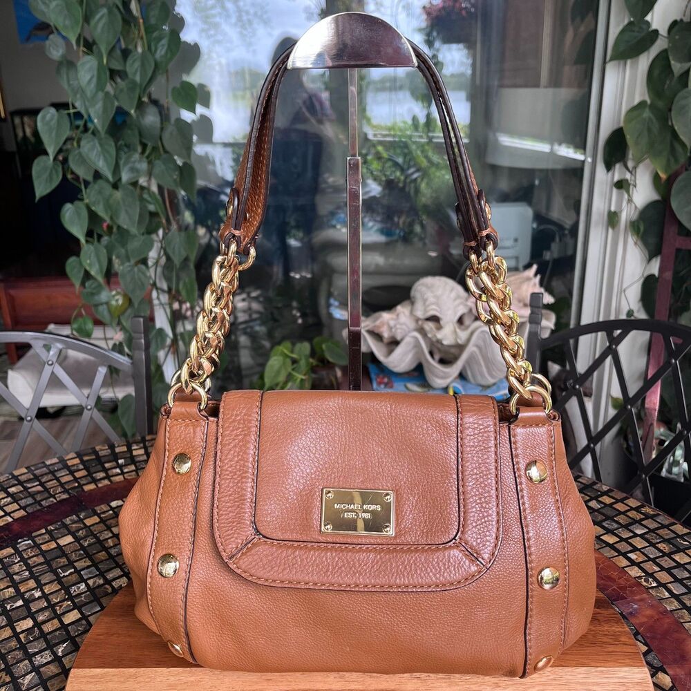 Michael Kors Delancy Brown Pebbled Leather Flap Gold Hardware Shoulder Bag EUC - Picture 15 of 15